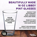 Custom Libbey Pint Glass 16 oz. Set of 10, Personalized Bulk Pack - Beer Glasses, Heavy Duty Drinkware - Clear