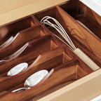 KitchenEdge Silverware Organizer - Cutlery, Flatware, and Utensil Holder for Kitchen Drawers, Fixed 10.5” Width, 7 Storage Compartments, Non-Slip Feet, Rounded Corners, Acacia Wood
