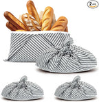 2 Pack Beeswax Bread Bags, Striped Linen Bento Bags, 14" Cotton Loaf Bag, Reusable Organic Food Storage, Sourdough Bag, Rustic Farmhouse Azuma Bukuro Origami Wrap for Baked Gifts (Navy Blue, 2)