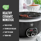 GreenLife 8QT Slow Cooker, Non-Toxic PFAS-Free Ceramic Nonstick Removable Interior Bowl, Programmable, Family Friendly, Keep Warm, Stovetop & Oven Safe, Dishwasher Safe Parts, Timer, Glass Lid, Black