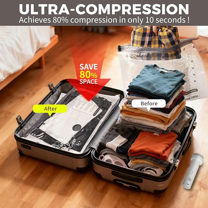 Vacuum Seal Bags for Clothing Travel with USB Electric Pump, FIRRAX 15 Combo Carry-on Size Space Saver Vacuum Storage Bags (5 Large+5 Medium+5 Small), Compression Packing for Luggage and Suitcase