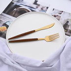 16-Piece Silverware Set with Cake Fork, Gold Stainless Steel Flatware Cutlery Set, Eating Utensils Set with Wooden effect Handle, Include Knife Fork Spoon, Mirror Polished, Dishwasher Safe