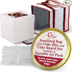 Cakebon Cake Box and Boards, 12-Inch Round Gold Smooth Edges 1/2- Inch Thick Drums with Insulated Bag and Ice Pack – Cake Transport Set, Cooler for Cake Delivery and Transport (1pc Each, 4pcs Total)
