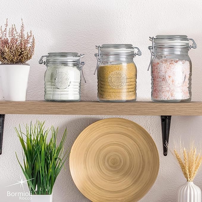 Bormioli Rocco Officina 1825, Set of 3 - Clear Glass Jars with Swing Top - Vintage Industrial Style Airtight Containers for Dry Food Storage, 33.75 Oz, 25.25 Oz, 17 Oz - Dishwasher Safe, Made in Italy