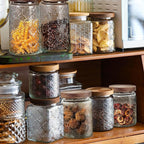 24 OZ/2 PCS Glass Storage Jar with Airtight Bamboo Wooden Lids, Vintage Food Containers Canisters Sets for Kitchen Counter Pantry, Sugar, Flour, Candy, Tea, Coffee Beans, Oats, Grain Bin, Pasta,