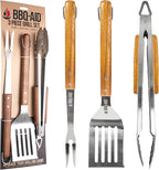 3 Piece BBQ Grilling Accessories Set - BBQ Tongs Spatula Fork Set - Heavy Duty Stainless Steel Barbecue Grill Tools with Solid Hard Wood Handles Great Gift Set