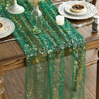 Artoid Mode 6PCS Green Gold Gauze Table Runner 120 Inch 10FT, Glitter Metallic Foil Sheer Dining Wedding Anniversary Holiday Table Decor for Home Party