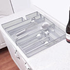 WuGeShop Expandable Silverware Drawer Organizer, Metal Mesh Large Kitchen Flatware Cutlery Tray, Adjustable Kitchen Drawer Organizer for Large Utensils (7+2 Compartment, Silver)