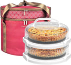 2 Pack Pie Carrier with Lids and Handles, Loadable Cupcake or Pizza Storage Containers, Includes Insulated Bags and Insulated Non-Slip Pads, Perfect for Transportation (Red)