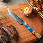 SENKEN Damascus Steak Knife Set - Tsunami Collection - 67-Layer Japanese VG10 Steel - Razor Sharp Non-Serrated Blades, Blue Resin & Natural Wood Pattern Handles, Luxury Gift Box (6 Steak Knife Set)