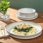 Gibson Elite 12 Piece (Service for 4) Townscape Plates and Bowls Reactive Glaze Embossed Round Dishes Terracotta Ceramic Dinnerware Set - Cream White