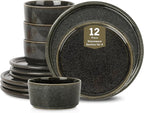 Stone Lain Eden 12-Piece Dinnerware Set Stoneware, Plates and Bowls Set, Dishwasher and Microwave Safe Dish, Dish Set for 4, Charcoal Grey