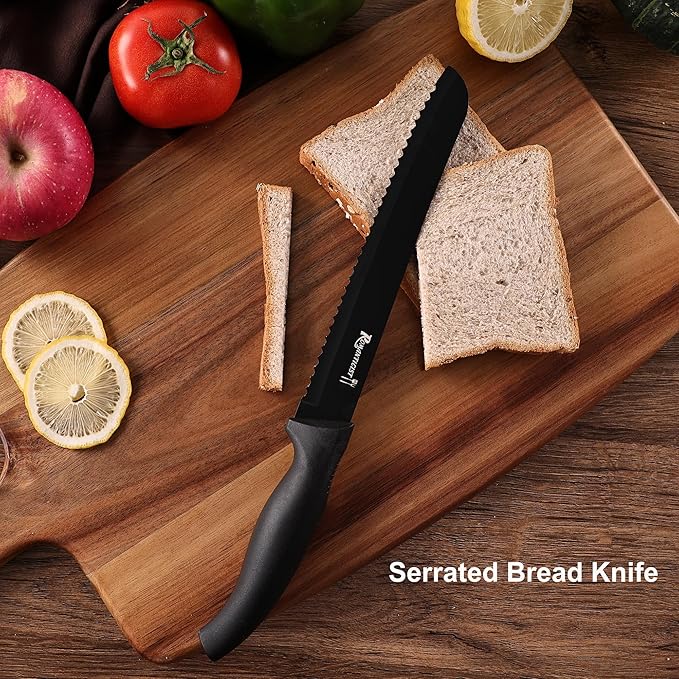 ROMANTICIST Kitchen Knife Sets, 10PCS High Carbon Stainless Steel Knife Sets with Block, Black Knife Block Set, Knives Set for Kitchen with Anti-slip Handle, Exquisite Knives Set New Home Essentials