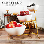3 Tier Large Serving Bowls Set - Microwave & Dishwasher Safe Stoneware Fruit Bowl with Collapsible Gold Metal Stand - Bowls for Kitchen, Dinner Parties, Desserts, Chip and Dip & Side Dishes (White)