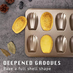 HONGBAKE Nonstick Madeleine Pan 2 Pack 12-Cavity Heavy Duty Madeleine Cookies Trays for Oven Baking, Warp Resistant Shell Shape Madeleine Mold Cake Pan, Champagne Gold
