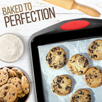 NutriChef 15-Piece Baking Pan Set - Flexible Nonstick Coating Carbon Steel Bakeware - Professional Home Kitchen Bakeware with Stackable Cookie Sheet Trays and Red Silicone Handles (Black)