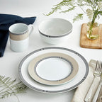 Portmeirion Home Vintage Chic 16 Piece Set - Porcelain Dinnerware with Art Deco Borders - 10.5" Dinner Plates, 7.5" Salad Plates, 5.5" Bowls, 11.5 Oz Mugs - Microwave & Dishwasher Safe Place Settings
