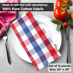 Urban Villa Cotton Dinner Napkins Set of 6, 20x20 Inche Soft Premium Cotton Napkins, Hotel Quality Highly Absorbent, Reusable & Washable Table Dinner Napkins (Red/Blue/White, Buffalo Checks)