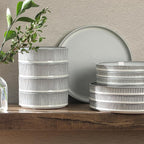 Gibson Elite 12 Piece (Service for 4) Townscape Plates and Bowls Reactive Glaze Embossed Round Dishes Terracotta Ceramic Dinnerware Set - Cream White
