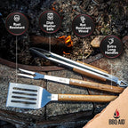 3 Piece BBQ Grilling Accessories Set - BBQ Tongs Spatula Fork Set - Heavy Duty Stainless Steel Barbecue Grill Tools with Solid Hard Wood Handles Great Gift Set