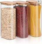 Liuruiyu Glass Storage Jars Set of 3, Clear Glass Food Storage Containers with Airtight Bamboo Lid Stackable Kitchen Canisters for Candy,Cookie,Rice,Sugar,Flour,Pasta(Flat)