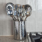 Viking Kitchen Utensil Holder, Hammered Stainless Steel Kitchen Utensils Organizer Crock, Counter Top Storage, Cooking Accessories, Silver