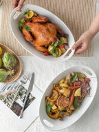 YHOSSEUN Large Serving Bowl with Handles, 1.5 Quarts Oval Serving Platter for Turkey, Thanksgiving Serving Dishes for Entertaining, Ceramic Salad Bowls Set of 2 White