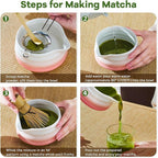 Matcha Whisk Set, Pink Matcha Kit, 8 Pcs Matcha Set Includes Matcha Bowl with Spout, Matcha Whisk and Holder, Ceramic Tea Caddy, Bamboo Scoop, Scoop Rest, Sifter and Tea Towel, Gift for Tea Lover