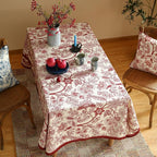 ISAENNE Designer French Linen Long Rectangle Tablecloth,Red Floral Washable Indoor Table Cloth,Durable Home Decor Tablecloths for Dining Thanksgiving Kitchen Party Christmas,63"*102"-Ruyi A