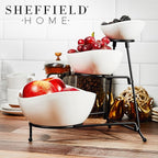 Sheffield Home 3 Tier Stoneware Large Serving Bowls Set with Metal Stand - Microwave & Dishwasher Safe Fruit Bowl & Chip and Dip Servings Set - Serving Dishes for Party, Kitchen & Side Dishes (White)