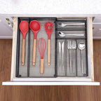 WuGeShop Expandable Mesh Silverware Drawer Organizer, Adjustable Metal Kitchen Cutlery Tray, Flatware Utensil Organizer with Non-slip Rubber Feet (Black, 7 Compartments)
