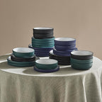 Christian Siriano Laro 24-Piece Stoneware Dinnerware Set, Plates and Bowls Set, Microwave and Dishwasher Safe, Dish Set for 8, Dark Blue