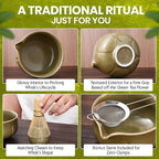Matcha Whisk Set – 5 Piece Japanese Matcha Tea Set w/Ceramic Matcha Bowl, 100-Prong Bamboo Whisk & Holder, Scoop, & Stainless Sifter – Traditional Matcha Making Kit (Mottled Green)