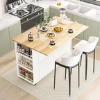 60'' Rolling Kitchen Island with Drop Leaf, Storage Islands Cart with Tilt Out Trash Can Cabinet, Rubber Wood Tabletop, Knife Holder, Wheels, White