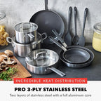 GreenPan x Bobby Flay Stainless Steel 12 Piece Cookware Pots & Pans Set, Professional Grade Tri-Ply, Multiclad, PFAS-Free Ceramic Nonstick, Induction Suitable, Dishwasher & Oven Safe,Stay Cool Handles