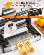 95KPa Automatic Vacuum Sealer, 9-in-1 Food Sealer for Dry/Moist/Liquid Foods, Double Heat Seal & Pump, Includes Bag Rolls & Hose, Built-in Cutter, Stainless Steel
