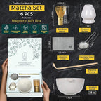 6 Pcs Matcha Whisk Set | Matcha kit with White Bowl, Bamboo Whisk, Scoop, Sifter, Holder for whisk & Cleaning Cloth, Traditional Matcha Set in Magnetic Gift Box