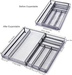 WuGeShop Expandable Mesh Silverware Drawer Organizer, Adjustable Metal Kitchen Cutlery Tray, Flatware Utensil Organizer with Non-slip Rubber Feet (Black, 7 Compartments)