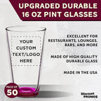 Custom Arc Pint Glass 16 oz. Set of 50, Personalized Bulk Pack - Beer Glasses, Heavy Duty Drinkware - Pink