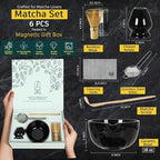 6 Pcs Matcha Whisk Set | Matcha kit with Black Bowl, Bamboo Whisk, Scoop, Sifter, Holder for whisk & Cleaning Cloth, Traditional Matcha Set in Magnetic Gift Box