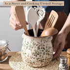 Utensil Holder for Kitchen Counter, Modern Farmhouse Rustic Cooking Utensil Holder and Crock, Exquisite Chinoiserie Floral Ceramic Utensil Organizer for Home Kitchen Decor- Green and Beige