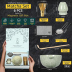 6 Pcs Matcha Whisk Set | Matcha kit with Mottled Green Bowl, Bamboo Whisk, Scoop, Sifter, Holder for whisk & Cleaning Cloth, Traditional Matcha Set in Magnetic Gift Box