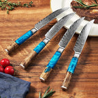 SENKEN Damascus Steak Knife Set - Tsunami Collection - 67-Layer Japanese VG10 Steel - Razor Sharp Non-Serrated Blades, Blue Resin & Natural Wood Pattern Handles, Luxury Gift Box (8 Steak Knife Set)