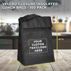 DISCOUNT PROMOS 100 Hook and Loop Insulated Lunch Bags Set - Customizable Text, Logo - Polyester, Durable, Vibrant, Reusable - Black
