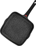 11 Inch Non Stick Grill Pan Granite Coated with Pour Spout - Lightweight 2.66 Quart Grill Pan for Indoor Cooking with Grip Handle - Induction Compatible PFOA Free Stove Top (Black)