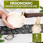 Matcha Whisk Set – 5 Piece Japanese Matcha Tea Set w/Ceramic Matcha Bowl, 100-Prong Bamboo Whisk & Holder, Scoop, & Stainless Sifter – Traditional Matcha Making Kit (Off-White)