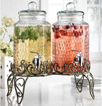 Classic Hammered Glass Beverage Dispenser with Elegant Stand (Set of 2), 1 Gallon Glass Drink Dispenser with Stand & Spigot, Party Drink Dispensers for Lemonade, Punch, Water, Juice