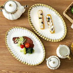 Serving Platters, Ceramic Oval Serving Platters,12 Inch Serving Dishes/Trays for Party Entertaining, Porcelain White Dinner Plates with Gold Trim for Sandwich, Appetizer, Fruit, Desserts, Set of 2