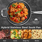 12 Inch Frying Pan Nonstick with Lid, 5.6QT Hybrid Ceramic Deep Saute Pan & Skillet, Tri-Ply Stainless Steel for Even Heat, PFOA/PFOS Free, Induction & Oven Safe