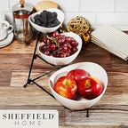 Sheffield Home 3 Tier Stoneware Large Serving Bowls Set with Metal Stand - Microwave & Dishwasher Safe Fruit Bowl & Chip and Dip Servings Set - Serving Dishes for Party, Kitchen & Side Dishes (White)